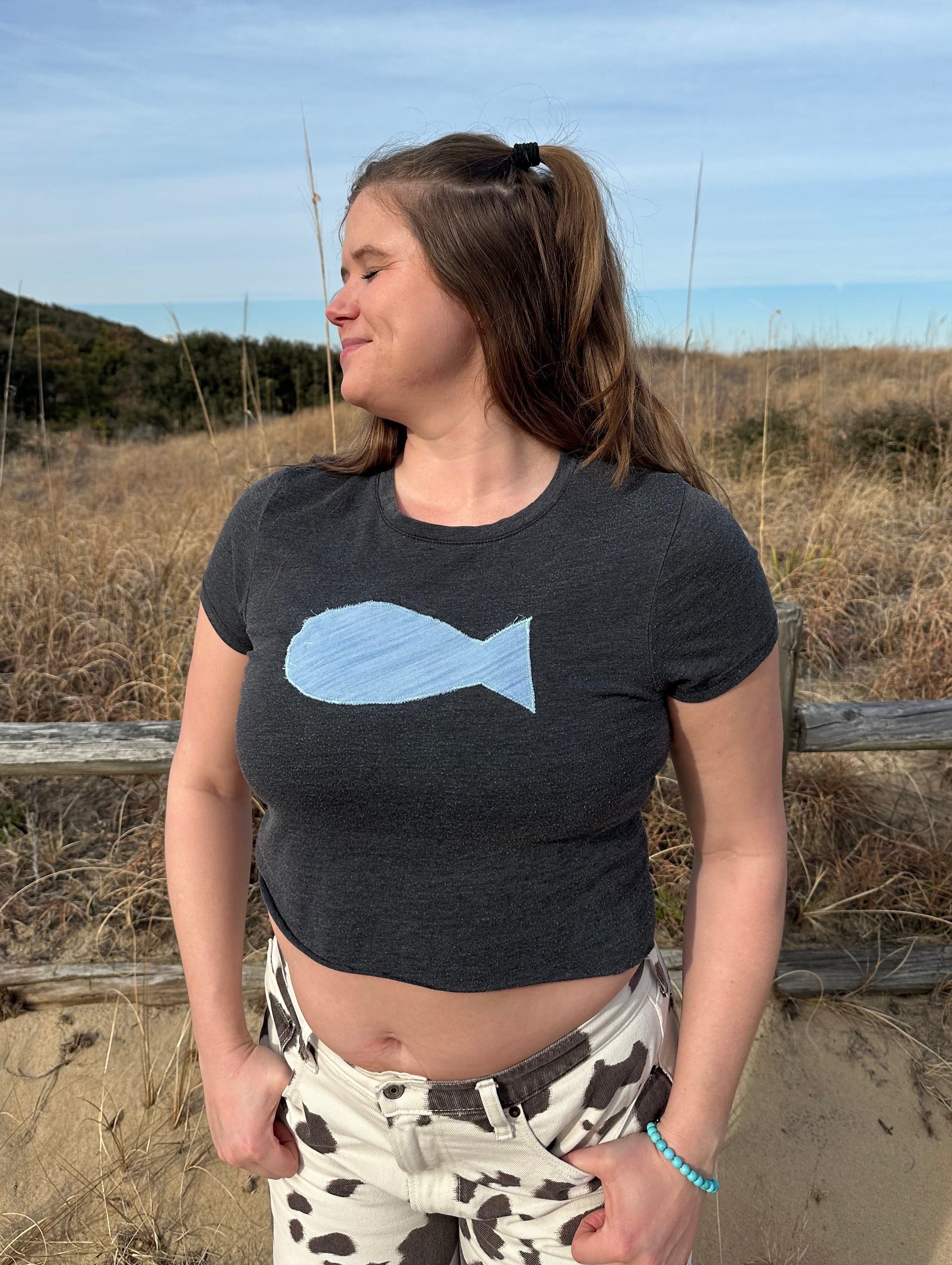 Gray Denim Fishy Crop Tee