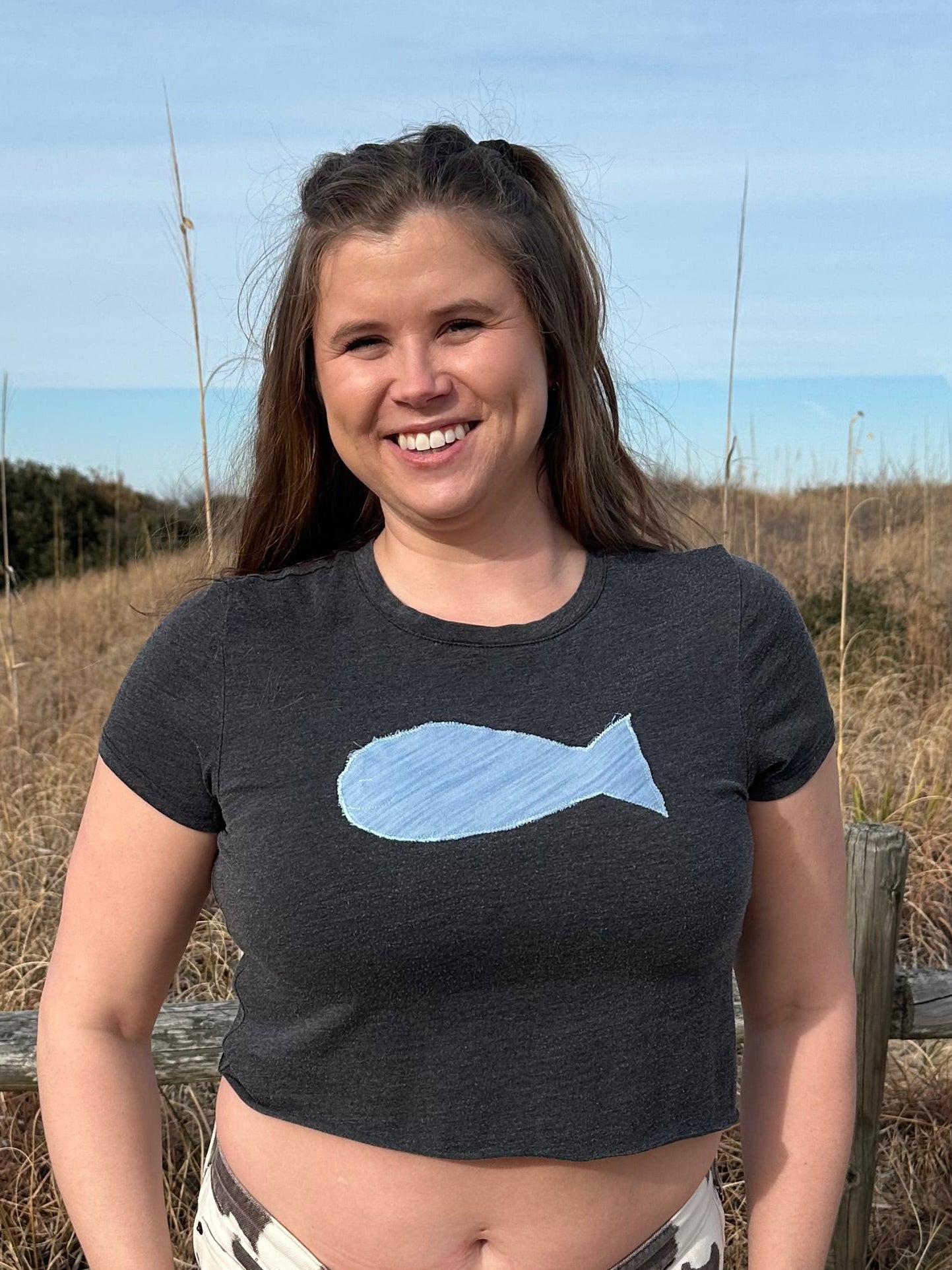 Gray Denim Fishy Crop Tee