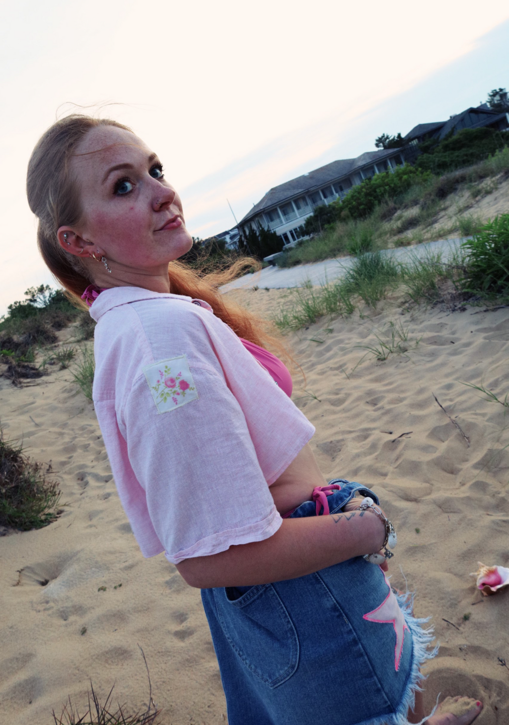 Light Pink Linen Crop Button Down